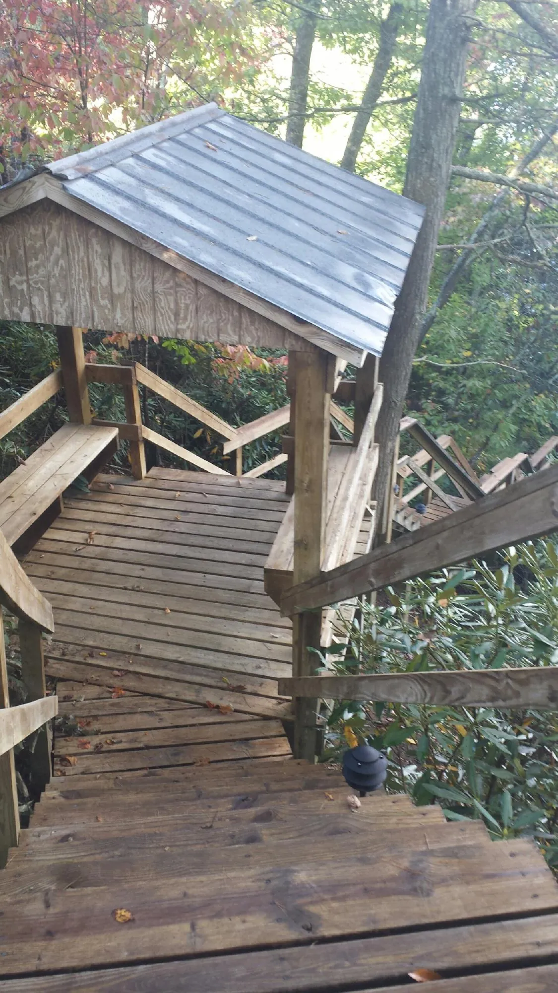 Metal roofed shelter over wooden steps on a wooded walkway — Skylight Repair & Installation work by our crew in Pentwater